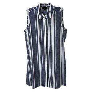 Alfani Womens Tunic Top 6 Striped Blue White Button Up Sleeveless Sheer Slit Hem